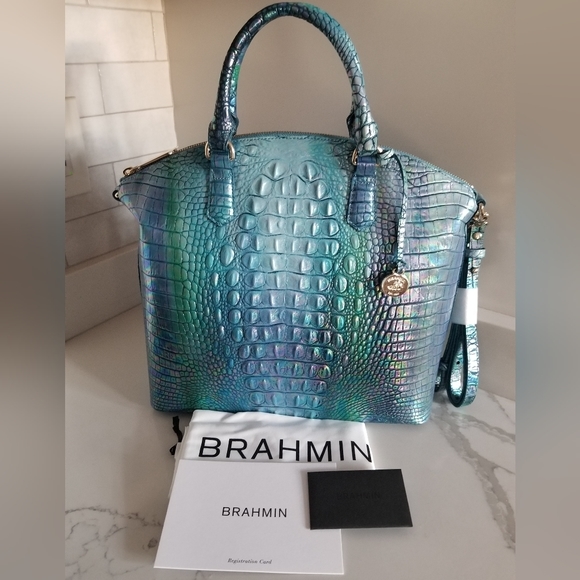 SOLD! NWT Brahmin Large Duxbury Croc Embossed Leather Satchel Blue Topaz 💙💕 - Picture 3 of 16